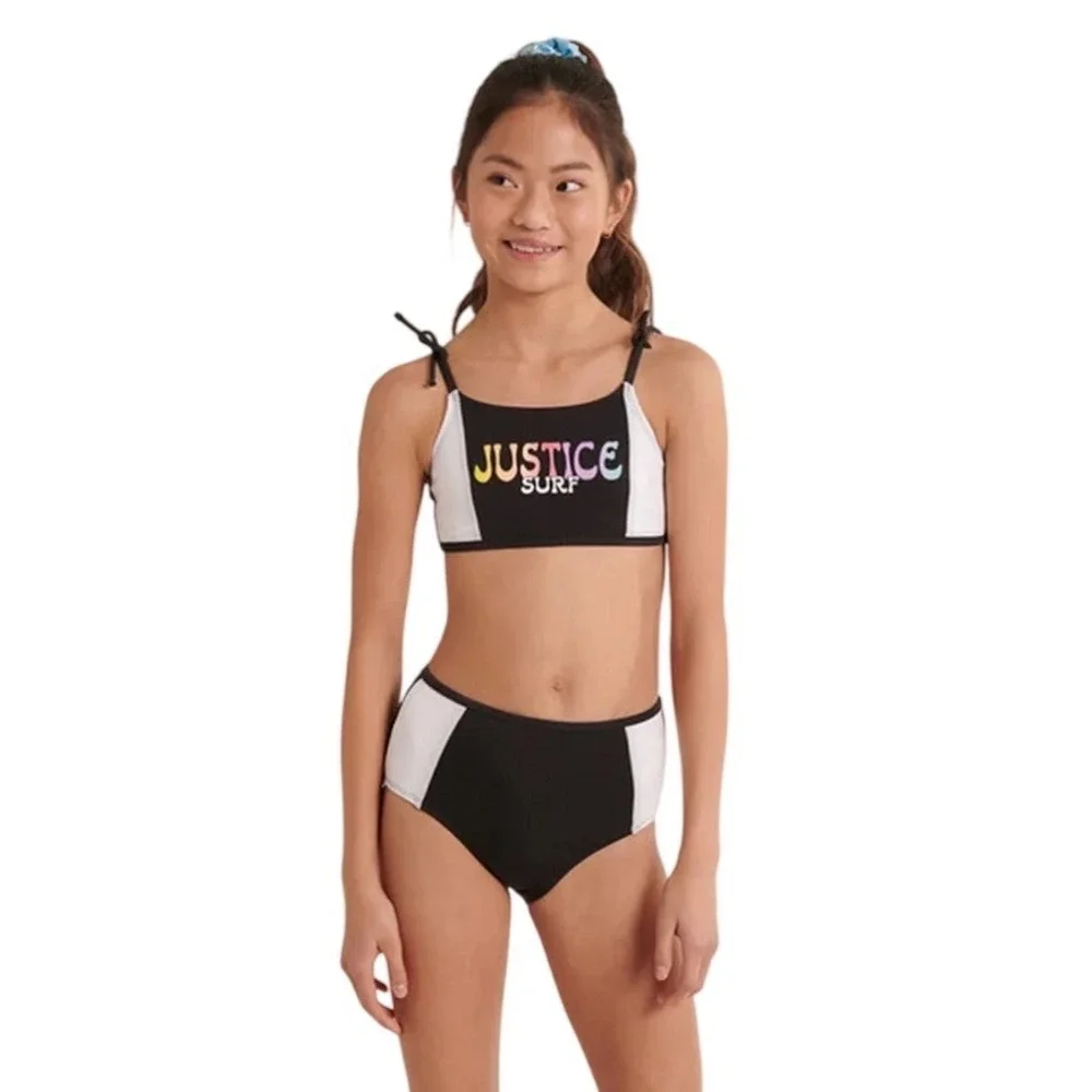 Justice Surf Girls‎ Black Ribbed Bikini Set Rainbow Logo Swimsuit XS 5/6